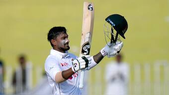 Bangladesh's Litton Das celebrates after completing his century on Day 3 of the second Test against Pakistan in Rawalpindi. AP