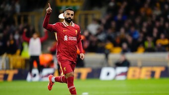 Liverpool's Mohamed Salah celebrates after scoring against Wolves in the English Premier League. AP
