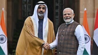 The Crown Prince of Abu Dhabi, Sheikh Khaled Bin Mohamed Bin Zayed Al Nahyan, meets Prime Minister Narendra Modi at Hyderabad House in New Delhi on Monday, September 9, 2024. Source: X/ @MEAIndia.