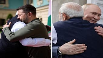 PM Modi hugs Ukrainian President Volodymyr Zelensky during a visit to Kyiv (left) and is seen hugging Russian President Vladimir Putin during a bilateral summit in Moscow (right). Image courtesy: Agencies / cropped by: News18 