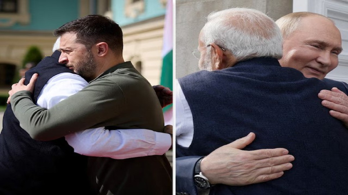 PM Modi hugs Ukrainian President Volodymyr Zelensky during a visit to Kyiv (left) and is seen hugging Russian President Vladimir Putin during a bilateral summit in Moscow (right). Image courtesy: Agencies / cropped by: News18 PM Modi hugs Ukrainian President Volodymyr Zelensky during a visit to Kyiv (left) and is seen hugging Russian President Vladimir Putin during a bilateral summit in Moscow (right). Image courtesy: Agencies / cropped by: News18