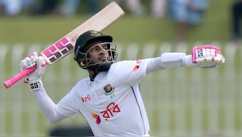 Bangladesh's Mushfiqur Rahim celebrates after scoring a century in the first Test against Pakistan. AP 