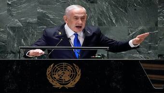 Israel Prime Minister Benjamin Netanyahu addresses the 79th session of the United Nations General Assembly, on Friday. AP