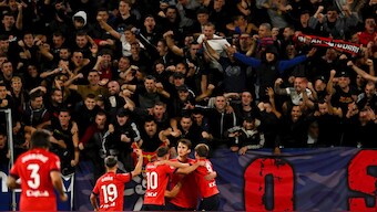 Osasuna's Ante Budimir celebrates after scoring against Barcelona in La Liga. AP