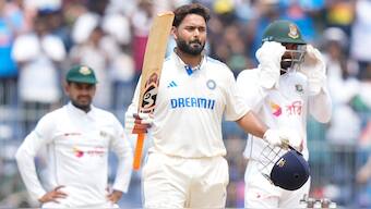 Rishabh Pant celebrates scoring his century on Day three of the first Test between India and Bangladesh in Chennai. AP 