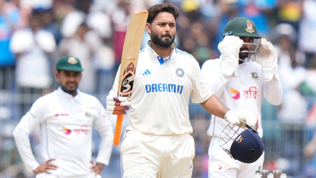 Rishabh Pant celebrates scoring his century on Day three of the first Test between India and Bangladesh in Chennai. AP Rishabh Pant celebrates scoring his century on Day three of the first Test between India and Bangladesh in Chennai. AP