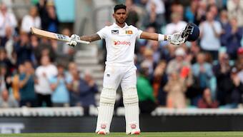 Sri Lanka opener Pathum Nissanka celebrates after completing his century on Day 5 of the third Test against England at The Oval. Reuters