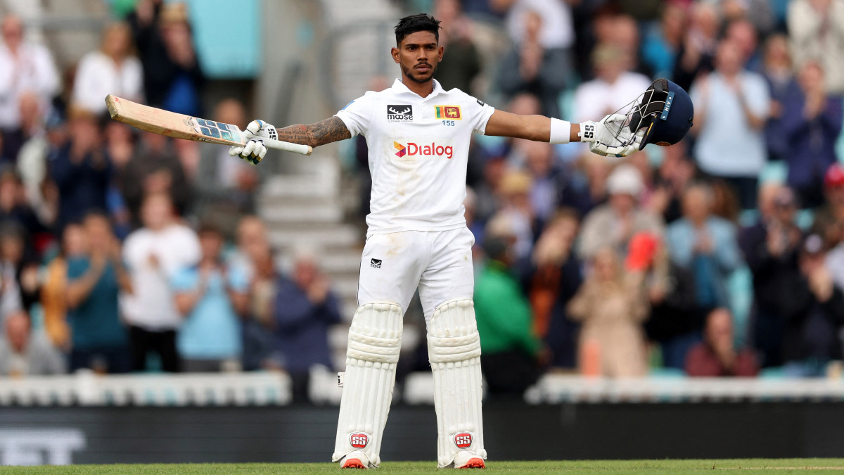 Sri Lanka opener Pathum Nissanka celebrates after completing his century on Day 5 of the third Test against England at The Oval. Reuters Sri Lanka opener Pathum Nissanka celebrates after completing his century on Day 5 of the third Test against England at The Oval. Reuters