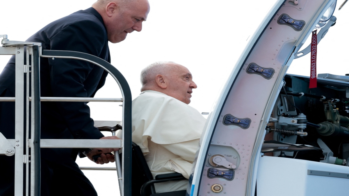 Pope Francis boards the papal plane ahead of his apostolic visit to Asia, at Fiumicino airport in Rome, Italy, on Monday. Reuters Pope Francis boards the papal plane ahead of his apostolic visit to Asia, at Fiumicino airport in Rome, Italy, on Monday. Reuters
