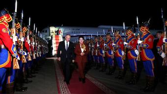 Russian President Vladimir Putin takes part in a welcoming ceremony upon his arrival at an airport in Ulaanbaatar, Mongolia, September 2, 2024. Sputnik via Reuters