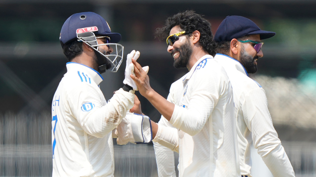 India left-arm spinner Ravindra Jadeja celebrates with Rishabh Pant after dismissing Bangladesh wicketkeeper-batter Litton Das on Day 2 of the first Test in Chennai. AP India left-arm spinner Ravindra Jadeja celebrates with Rishabh Pant after dismissing Bangladesh wicketkeeper-batter Litton Das on Day 2 of the first Test in Chennai. AP