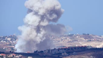 Smoke rises from Israeli airstrikes on villages in the Nabatiyeh district, seen from the southern town of Marjayoun, Lebanon, Monday, Sept. 23, 2024.- AP