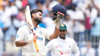 Rishabh Pant celebrates after bringing up his century on Day 3 of the first Test between India and Bangladesh in Chennai on Friday, 21 September. AP