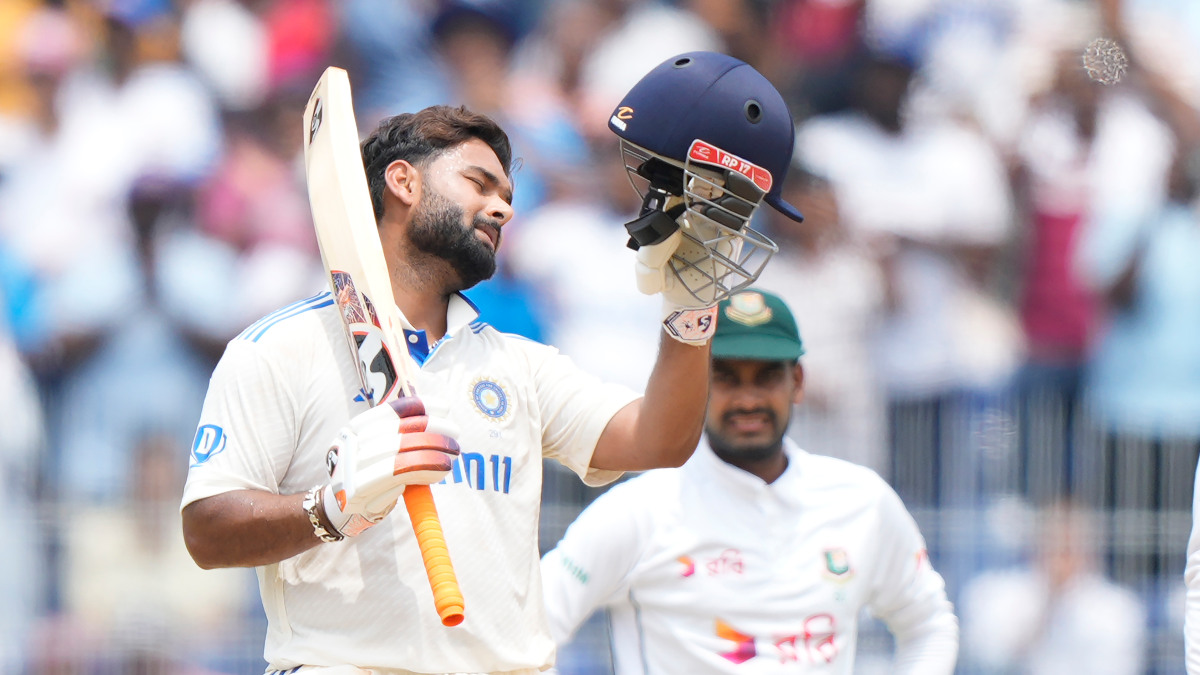 Rishabh Pant celebrates after bringing up his century on Day 3 of the first Test between India and Bangladesh in Chennai on Friday, 21 September. AP Rishabh Pant celebrates after bringing up his century on Day 3 of the first Test between India and Bangladesh in Chennai on Friday, 21 September. AP