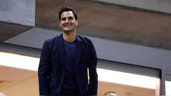 Roger Federer acknowledges the crowd during a match at US Open 2024. AP