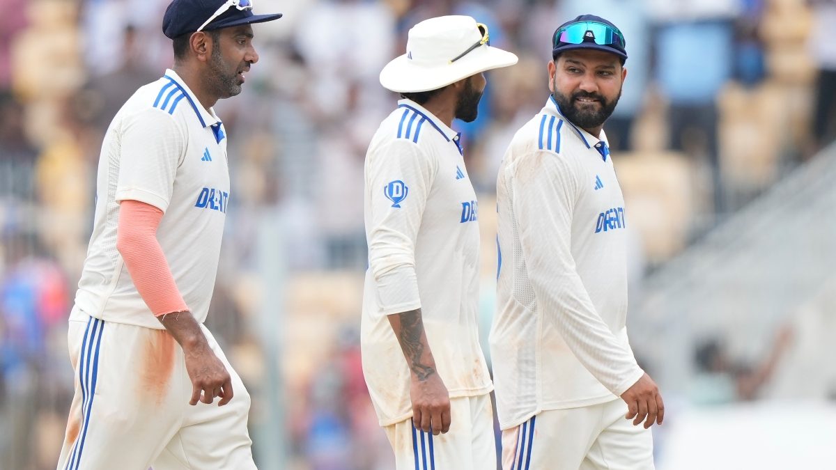 R Ashwin, Ravindra Jadeja and Rohit Sharma interact after India defeated Bangladesh in the first Test on Sunday. AP R Ashwin, Ravindra Jadeja and Rohit Sharma interact after India defeated Bangladesh in the first Test on Sunday. AP