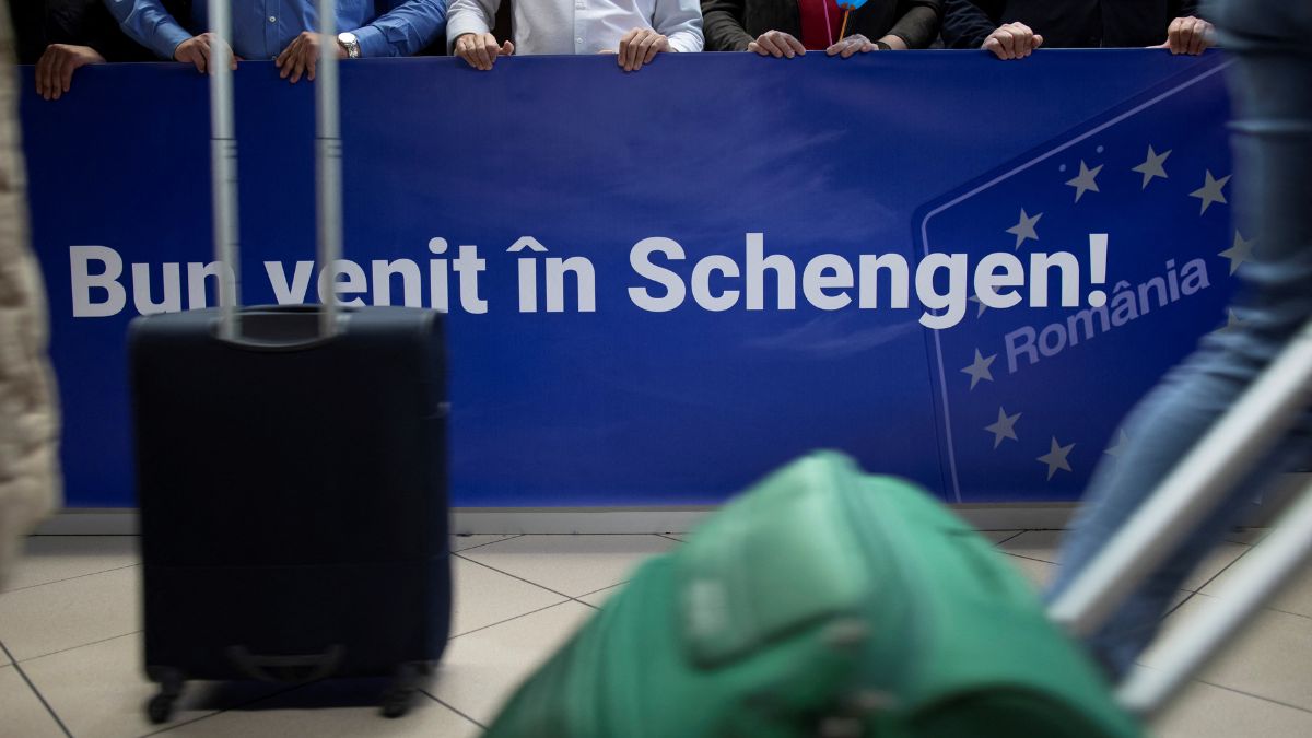 A banner reading "Welcome to Schengen" is displayed at the arrivals section of Henri Coanda International Airport in Otopeni near Bucharest, Romania, March 31, 2024. File Image/Reuters A banner reading "Welcome to Schengen" is displayed at the arrivals section of Henri Coanda International Airport in Otopeni near Bucharest, Romania, March 31, 2024. File Image/Reuters