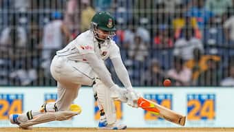 Bangladesh's Shakib Al Hasan plays a shot on the third day of the first Test against India in Chennai. PTI