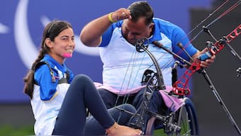 Sheetal Devi and Rakesh Kumar in action during the mixed team compound open event in the Paris Paralympics. Image credit: X/@RFYouthSports
