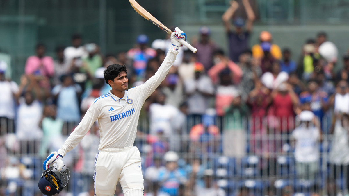 India's Shubman Gill raises his bat in celebration after completing his fifth Test hundred on Day 3 of the first Test against Bangladesh in Chennai. AP India's Shubman Gill raises his bat in celebration after completing his fifth Test hundred on Day 3 of the first Test against Bangladesh in Chennai. AP