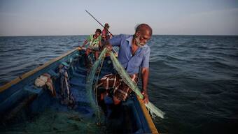 Fisherman Parasamy Thanabalasingam, 62, catches fish in the waters of the Indian Ocean, off the coast of Jaffna, Sri Lanka, September 17, 2024. Source: REUTERS.