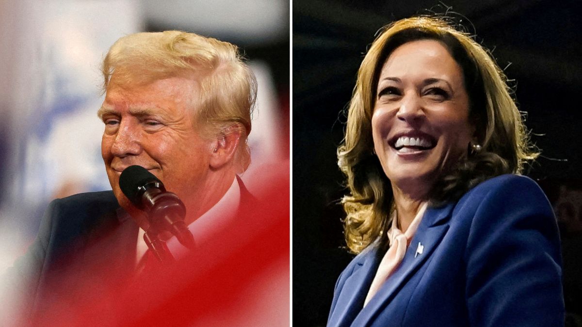 A combination picture shows Republican presidential nominee and former US President Donald Trump reacting during a campaign rally held with Republican vice presidential nominee Senator JD Vance, in Atlanta, Georgia, US, August 3, 2024., and US Vice President and Democratic presidential candidate Kamala Harris reacting as she holds a campaign rally with her newly chosen vice presidential running mate Minnesota Governor Tim Walz in Philadelphia, Pennsylvania, US, August 6, 2024. File Image/Reuters A combination picture shows Republican presidential nominee and former US President Donald Trump reacting during a campaign rally held with Republican vice presidential nominee Senator JD Vance, in Atlanta, Georgia, US, August 3, 2024., and US Vice President and Democratic presidential candidate Kamala Harris reacting as she holds a campaign rally with her newly chosen vice presidential running mate Minnesota Governor Tim Walz in Philadelphia, Pennsylvania, US, August 6, 2024. File Image/Reuters