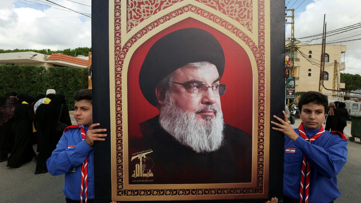 Boys scouts carry a picture of Hezbollah leader Sayyed Hassan Nasrallah during the funeral of Hezbollah member Ali Mohamed Chalbi in Kfar Melki, Lebanon, September 19, 2024. File Image/Reuters Boys scouts carry a picture of Hezbollah leader Sayyed Hassan Nasrallah during the funeral of Hezbollah member Ali Mohamed Chalbi in Kfar Melki, Lebanon, September 19, 2024. File Image/Reuters