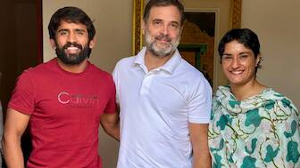 Wrestlers Vinesh Phogat and Bajrang Punia met Congress MP Rahul Gandhi on Wednesday. X/@INCIndia
