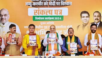 Union Home Minister Amit Shah, Jammu and Kashmir BJP President Ravinder Raina, Union Ministers Jitendra Singh and G Kishan Reddy and others release the party's election manifesto ahead of the state Assembly elections, in Jammu, September 6, 2024. File Photo/PTI
