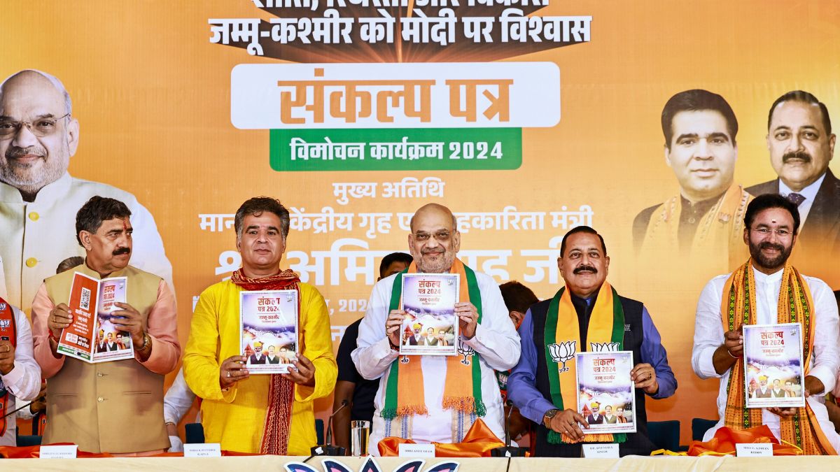 Union Home Minister Amit Shah, Jammu and Kashmir BJP President Ravinder Raina, Union Ministers Jitendra Singh and G Kishan Reddy and others release the party's election manifesto ahead of the state Assembly elections, in Jammu, September 6, 2024. File Photo/PTI Union Home Minister Amit Shah, Jammu and Kashmir BJP President Ravinder Raina, Union Ministers Jitendra Singh and G Kishan Reddy and others release the party's election manifesto ahead of the state Assembly elections, in Jammu, September 6, 2024. File Photo/PTI
