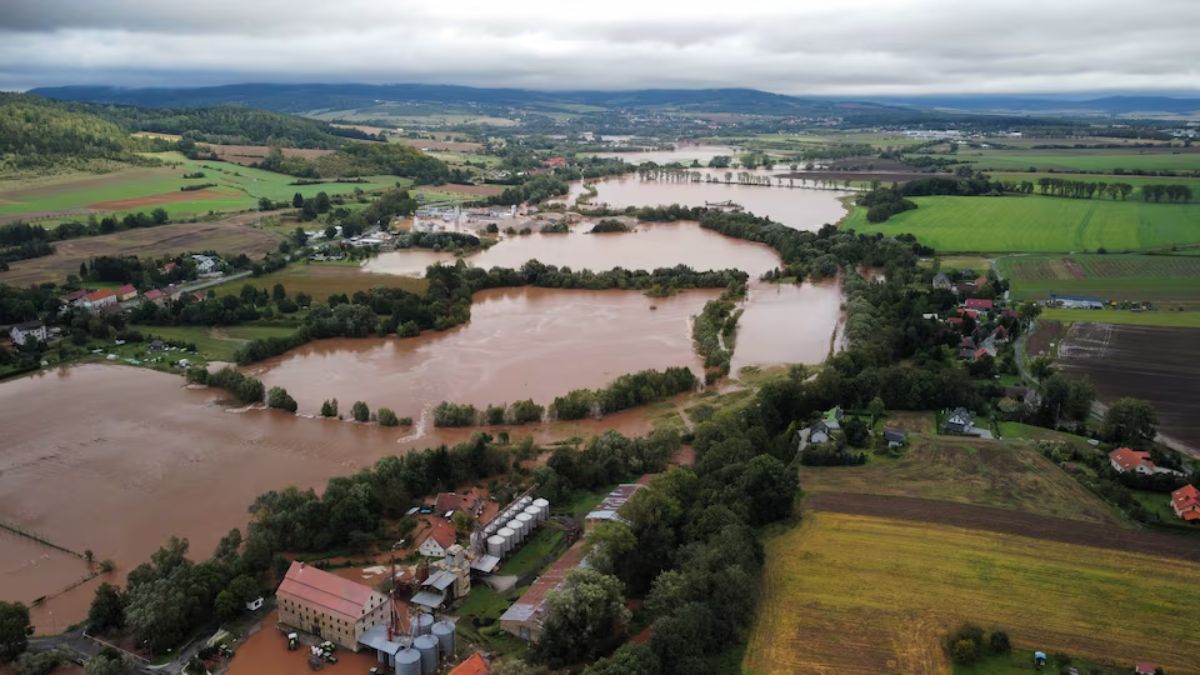 A drone view shows a flooded area in Piszkowice, Poland, in this still image from a social media video taken on September 15, 2024. Mariusz Kula/via REUTERS A drone view shows a flooded area in Piszkowice, Poland, in this still image from a social media video taken on September 15, 2024. Mariusz Kula/via REUTERS