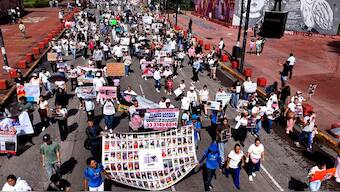 In this aerial view people belonging to collectives of missing persons march during a march on the International Day of the Victims of Enforced Disappearances, in Guadalajara, Jalisco state, Mexico, on August 30, 2024. AFP