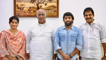 Congress President Mallikarjun Kharge and party MP KC Venugopal met wrestlers Vinesh Phogat and Bajrang Punia in New Delhi on Friday. PTI 