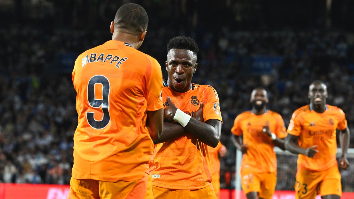 Real Madrid's Kylian Mbappe celebrates with Vinicius Junior during their game against Real Sociedad in La Liga. AP Real Madrid's Kylian Mbappe celebrates with Vinicius Junior during their game against Real Sociedad in La Liga. AP