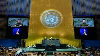 Ukraine's President Volodymyr Zelenskyy addresses the the Summit of the Future at United Nations headquarters. AP