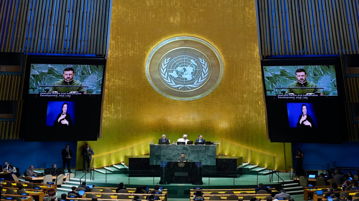 Ukraine's President Volodymyr Zelenskyy addresses the the Summit of the Future at United Nations headquarters. AP Ukraine's President Volodymyr Zelenskyy addresses the the Summit of the Future at United Nations headquarters. AP