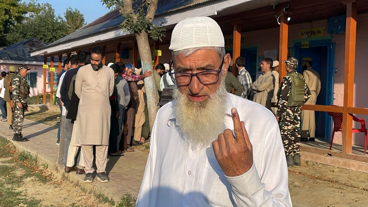 An aged man flashes his inked finger after casting his vote in Kakapora in Pulwama district in Phase 1 of the Jammu-Kashmir elections. PTI An aged man flashes his inked finger after casting his vote in Kakapora in Pulwama district in Phase 1 of the Jammu-Kashmir elections. PTI