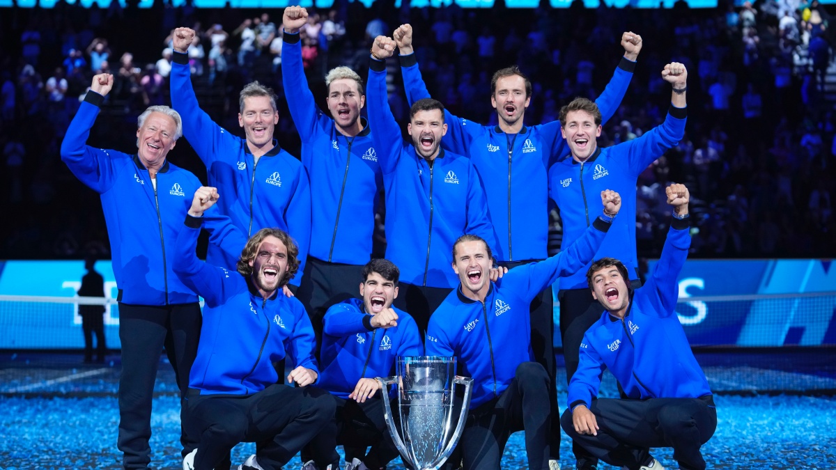 Team Europe celebrates after they beat Team World for the Laver Cup title in Berlin. AP Team Europe celebrates after they beat Team World for the Laver Cup title in Berlin. AP
