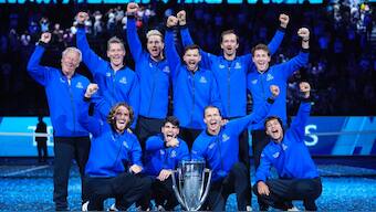 Team Europe celebrates after they beat Team World for the Laver Cup title in Berlin. AP
