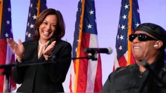 Kamala Harris with Stevie Wonder at a church event in Jonesboro, Georgia on Sunday. AP