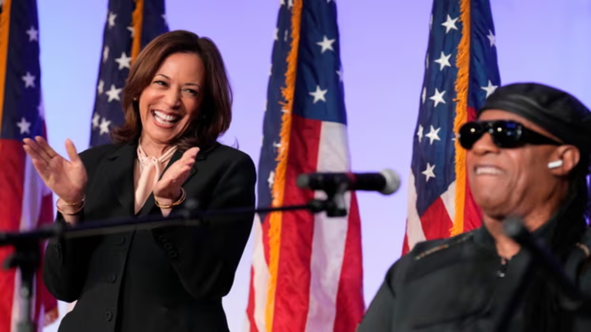 Kamala Harris with Stevie Wonder at a church event in Jonesboro, Georgia on Sunday. AP Kamala Harris with Stevie Wonder at a church event in Jonesboro, Georgia on Sunday. AP