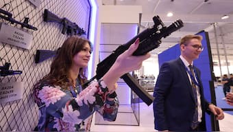 (File) A model poses with Russian AK-203 automatic assault rifle at World Defense Show in Riyadh, Saudi Arabia, on March 6, 2022. Reuters