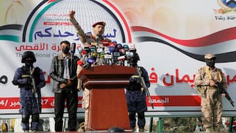 Houthi military spokesman Yahya Saree speaks during a rally against the US and Israel in Sanaa, Yemen, September 27, 2024. AP