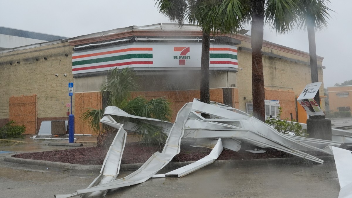 An apparent tornado caused by Hurricane Milton, tore the awning off a 7-Eleven convenient store, Wednesday, October 9, 2024, in Cape Coral, Florida. AP An apparent tornado caused by Hurricane Milton, tore the awning off a 7-Eleven convenient store, Wednesday, October 9, 2024, in Cape Coral, Florida. AP