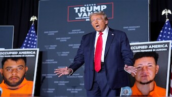 Republican presidential nominee former President Donald Trump arrives for a campaign rally at the Gaylord Rockies Resort & Convention Center, in Aurora, Colo. AP