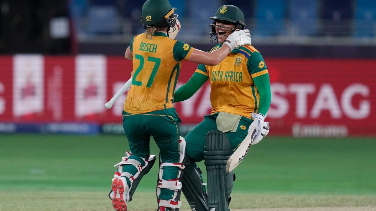 South Africa's Anneke Bosch and Chloé Tryon celebrate after beating Australia in the Women's T20 World Cup semi-final on Thursday. AP South Africa's Anneke Bosch and Chloé Tryon celebrate after beating Australia in the Women's T20 World Cup semi-final on Thursday. AP