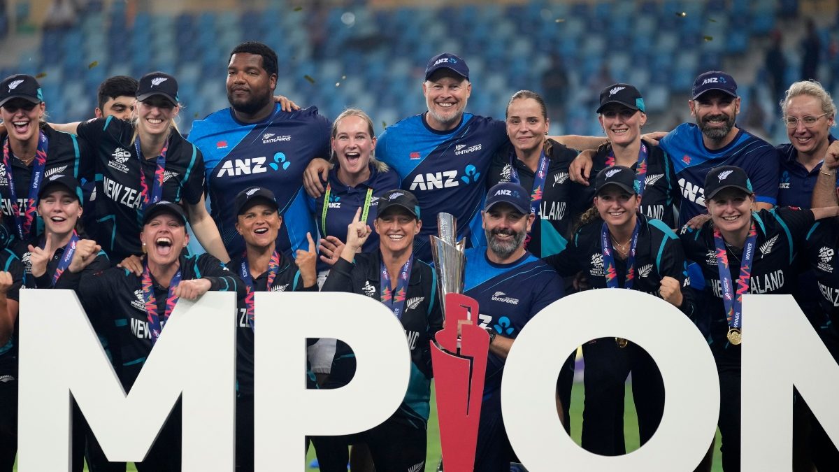 The New Zealand team pose with the Women's T20 World Cup title after beating South Africa in the final in Dubai on Sunday. AP The New Zealand team pose with the Women's T20 World Cup title after beating South Africa in the final in Dubai on Sunday. AP