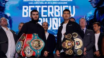 Artur Beterbiev (L) and Dmitry Bivol ahead of their upcoming boxing fight in Riyadh. Image: Reuters