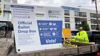 A replacement ballot drop box is unloaded on October 28, 2024, in Portland, Oregon, US. File Image/AP