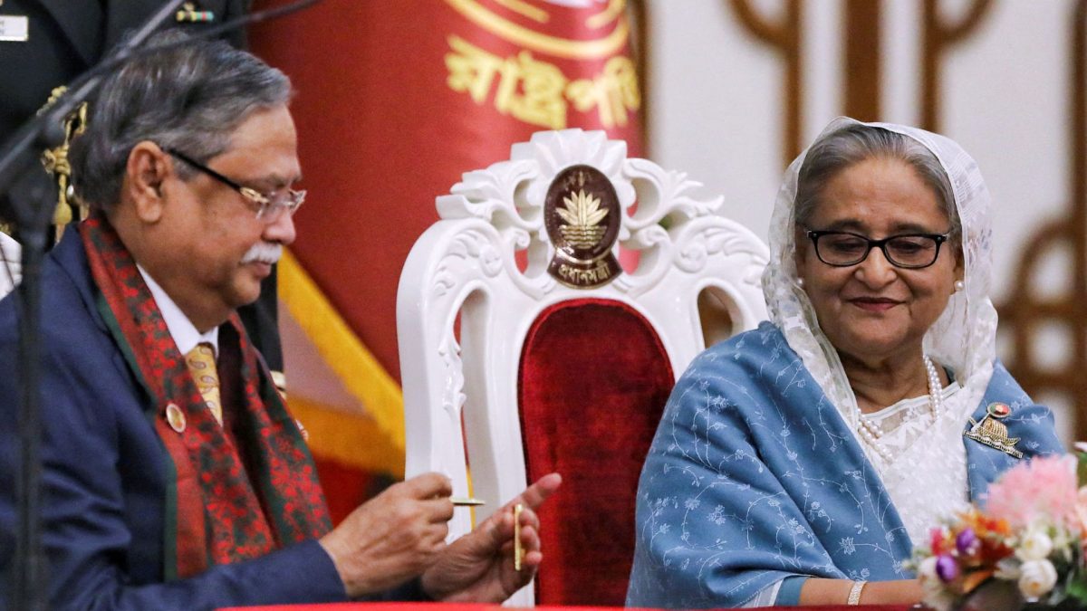 File photo of Bangladesh President Mohammed Shahabuddin and former prime minister Sheikh Hasina. Source: REUTERS. File photo of Bangladesh President Mohammed Shahabuddin and former prime minister Sheikh Hasina. Source: REUTERS.